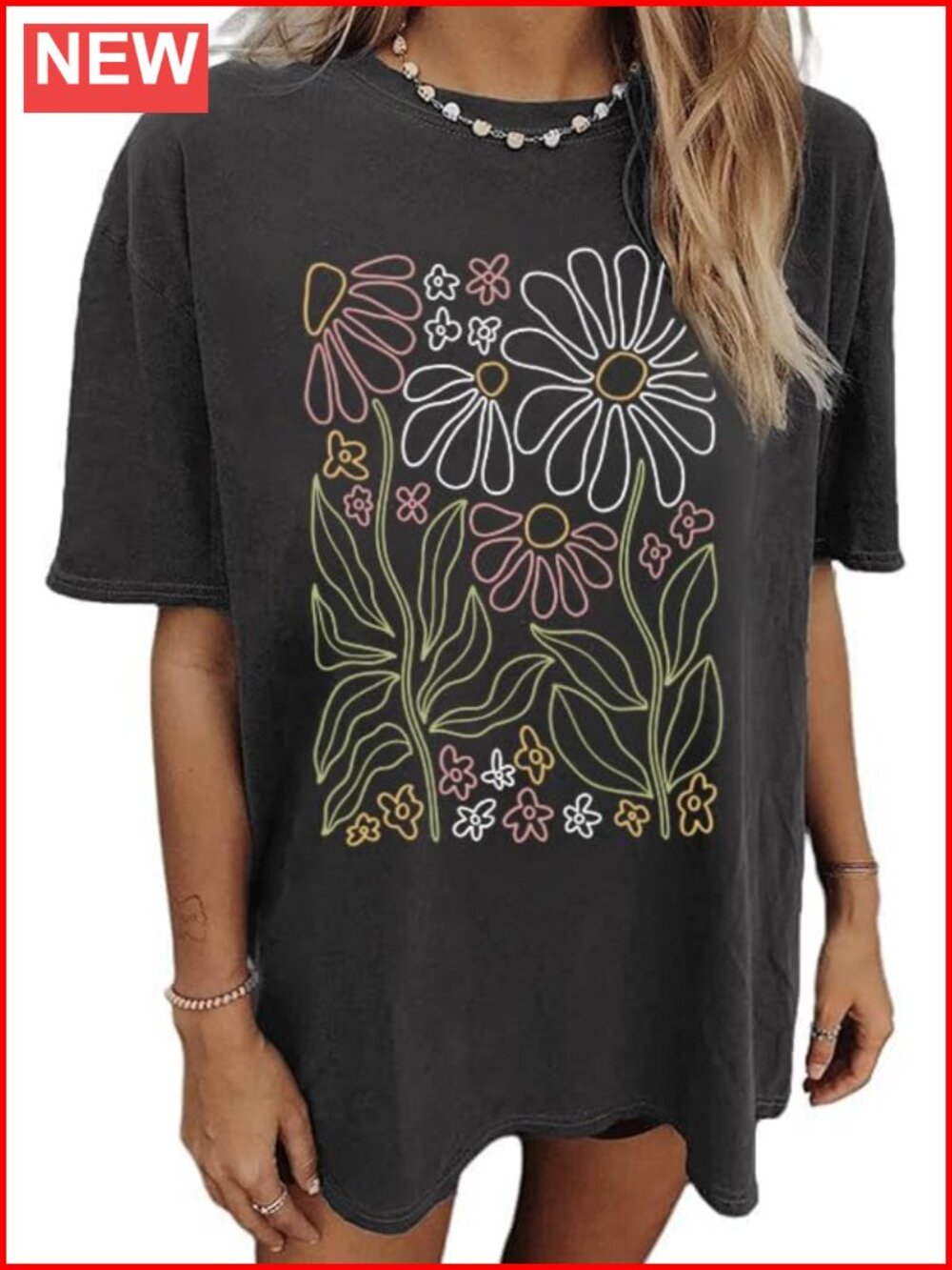 Oversized Floral Graphic Tee Cotton Crew Neck Boho Vintage T-Shirt